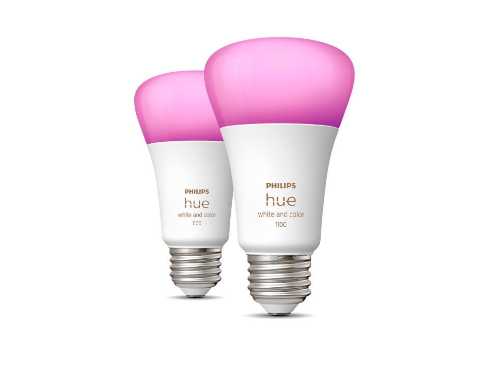 A set of two Philips Hue white and color light bulbs