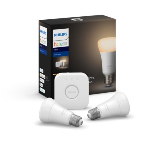 Philips hue white and colour ambiance mini smart bulb 2024 e27 starter kit & google home mini chalk bundle