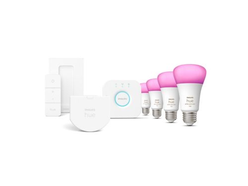 Bundle: 4 color-capable 75 W bulbs + Hue dimmer switch + wall switch module