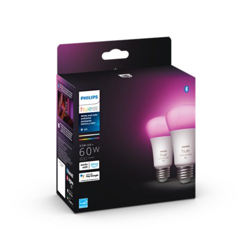 Philips Hue Bridge & A19 Bulb with Bluetooth (White & Color Ambiance,  2-Pack)