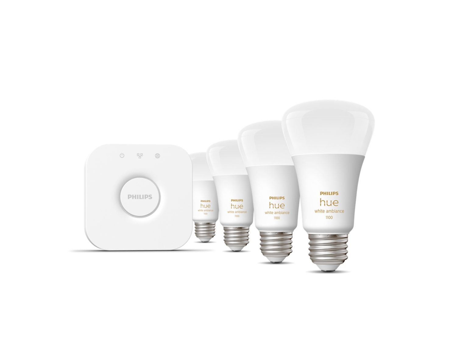 Hue Starter kit: 4-pack A19 E26 LED Bulbs White Ambiance + Hue Bridge | Philips  Hue