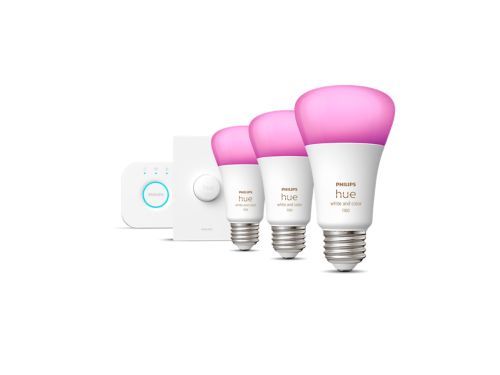 Hue White & Color Ambiance Kit de inicio: 3 focos inteligentes E26 (75 W) + Hue Smart button