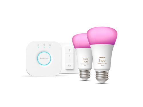 Hue White & Color Ambiance Kit de inicio: 2 focos inteligentes E26 (60 W) + interruptor del regulador de intensidad