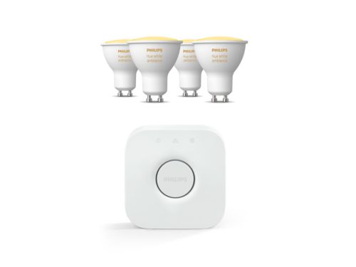 Pacchetto: 4x Hue White Ambiance GU10 + Hue Bridge