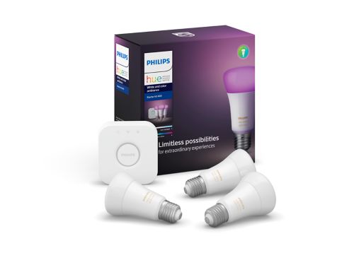 Philips Hue luz branca e colorida ambiente Starter kit: 3 lâmpadas inteligentes E27 (800)