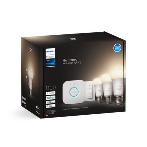 PHILIPS Hue White Kit de démarrage, lot de 3 avec pont et interrupteur avec  variateur, LED E27, 9,5 watts - 8719514289130