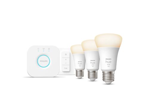 Hue White Startsæt: 3 x E27 pærer (1100lm) + Dimmer switch