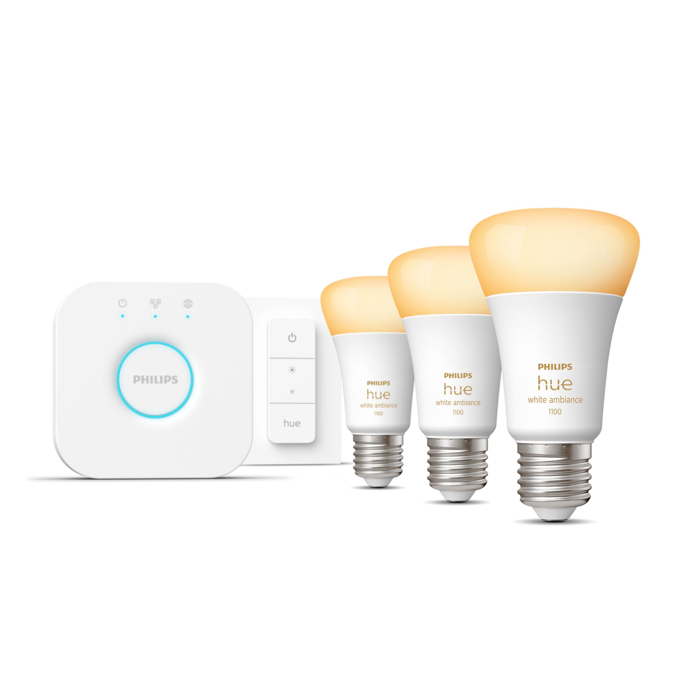 Kit de démarrage Hue : interrupteur avec variateur + pack de 3 ampoules LED  E27 White Ambiance + Hue Bridge