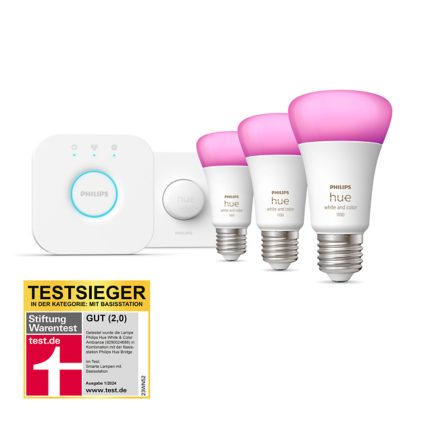 Hue White & Color Ambiance Starter-Set: E27 - Lampe A60 Dreierpack + Smart Button