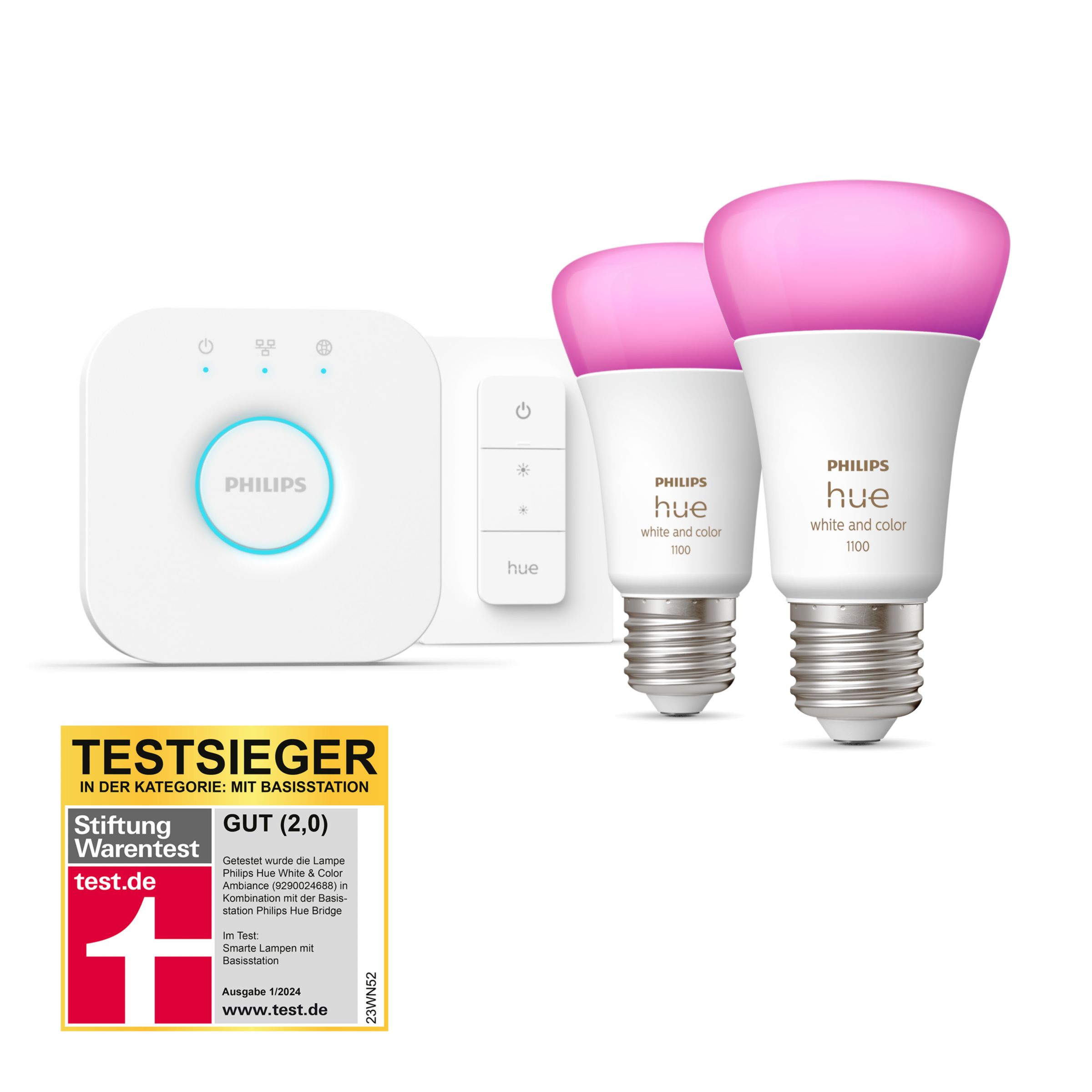 Philips Hue White & Color Ambiance Starter-Set: E27 - Lampe A60 Doppelpack + Dimmschalter