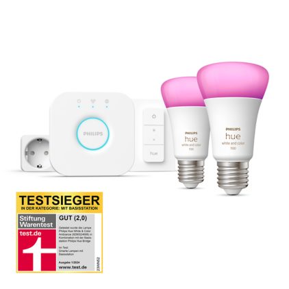 Hue White & Color Ambiance Starter-Set: E27 - Lampe A60 Doppelpack + Dimmschalter + Smart Plug