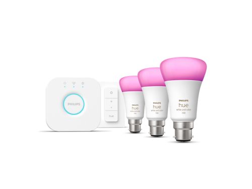 Hue White and Colour Ambiance Starter kit: 3 B22 smart bulbs (1100) + dimmer switch