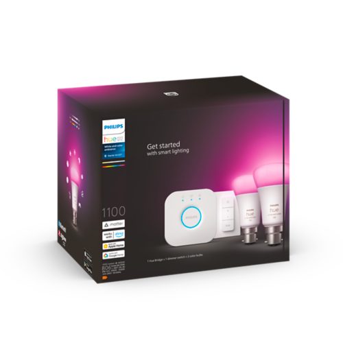 Hue Starter Kit: Dimmer Switch + 2-pack B22 LED Bulbs White and Colour  Ambiance + Hue Bridge