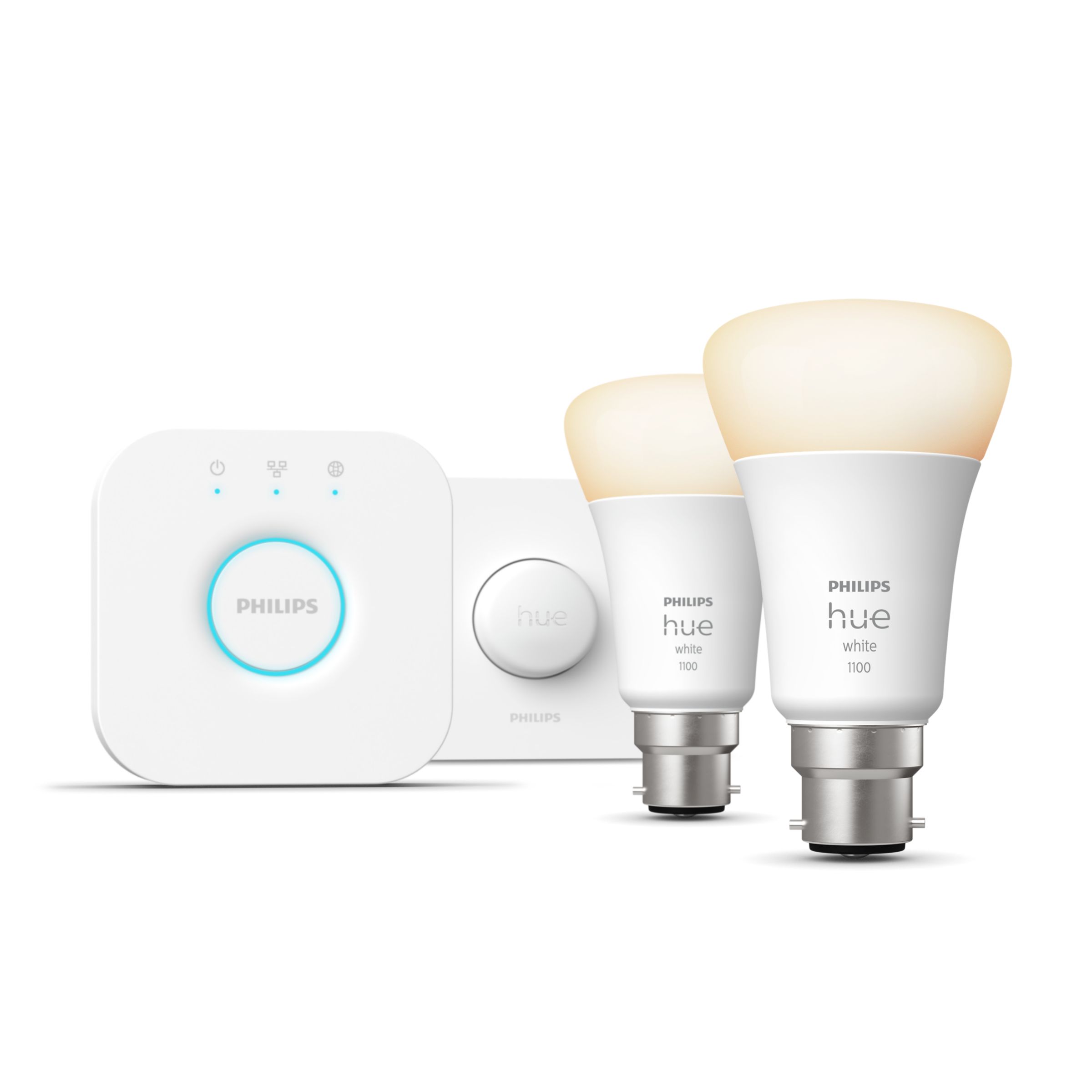 Hue Starter Kit: Smart Button + 2 B22 LED Bulbs White + Hue Bridge |  Philips Hue UK