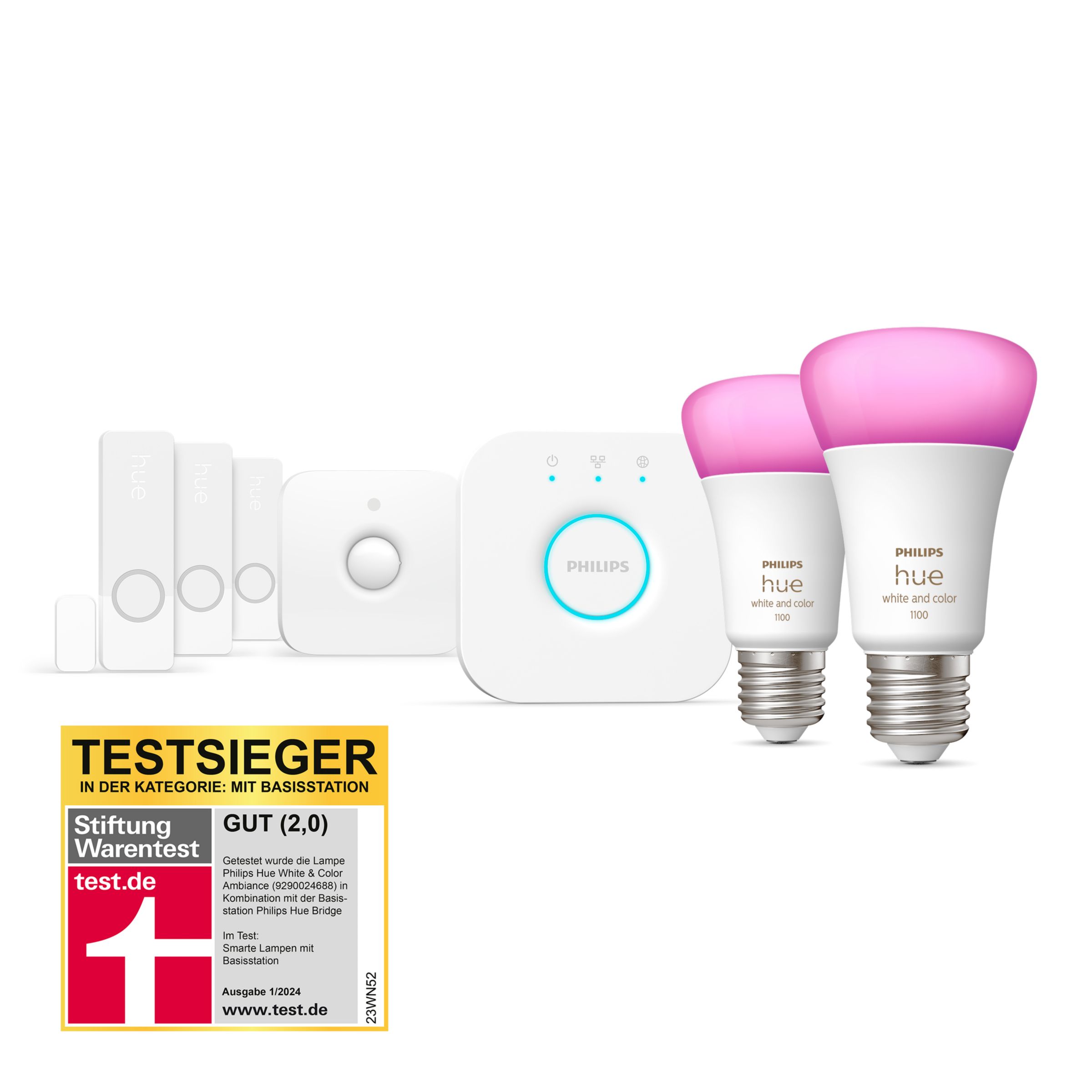 Philips Hue Secure Starter-Set: E27 Lampe A60 2er-Pack 1100 + Kontaktsensoren 3er-Pack Weiß + Bewegungsmelder