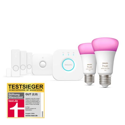 Hue Secure Starter-Set: E27 Lampe A60 2er-Pack 1100 + Kontaktsensoren 3er-Pack weiß + Bewegungsmelder