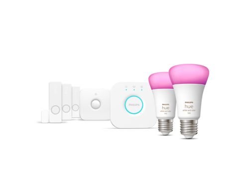 Hue Secure Starter-Set: E27 Lampe A60 2er-Pack 1100 + Kontaktsensoren 3er-Pack weiß + Bewegungsmelder