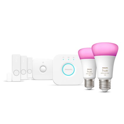 Hue Secure Starter-Set: E27 Lampe A60 2er-Pack 1100 + Kontaktsensoren 3er-Pack weiß + Bewegungsmelder