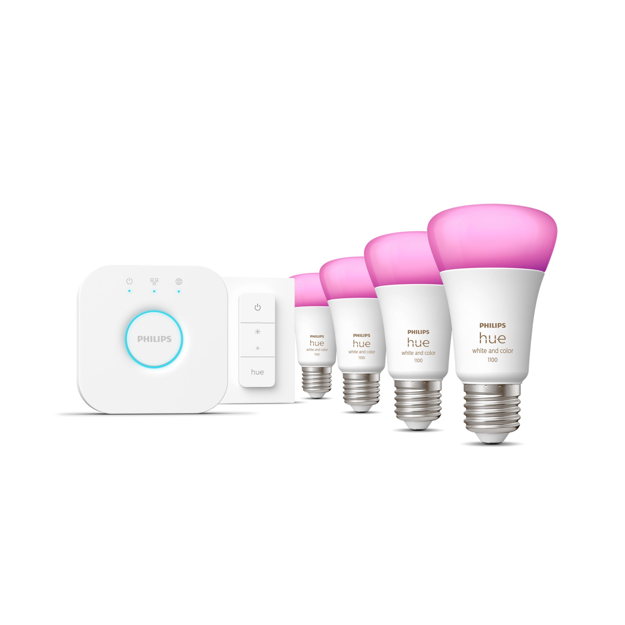 Philips Hue White and color ambiance Startpaket: 4 st E27 smarta ljuskällor (1100) + dimmerströmbrytare